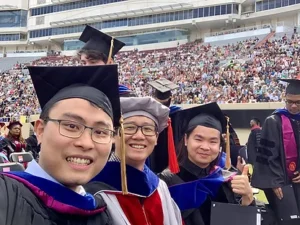 photo of graduation with Dr. Deng and Dr. Chen